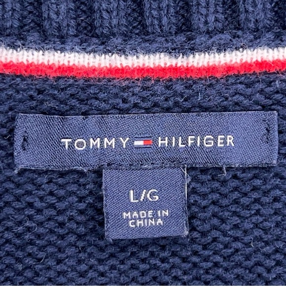 Large Tommy Hilfiger Blue Red White Colorblock Mens Sweater Preppy Academia - Picture 9 of 11